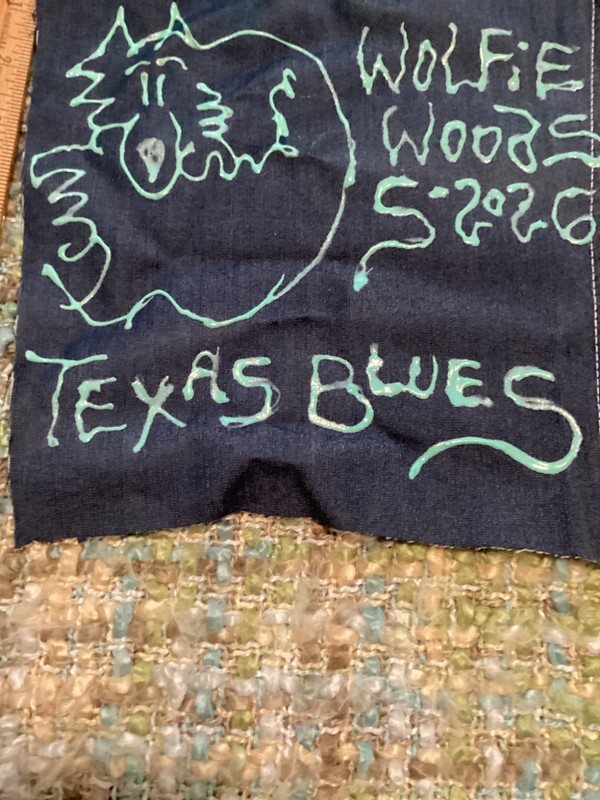 Found GRAFFITI ART Railroad Train WOLFIE WOODS Tag Blue Denim Cloth Texas Blues gallery