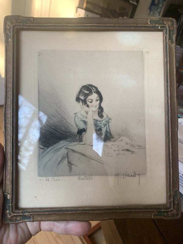J.Hardy Portrait of Lady Playing Solitaire / Art Deco Original frame! 9×7
