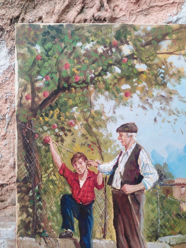 Old Italian Countryside Scene Grandfather and Grandson Original 60s Oil Painting gallery