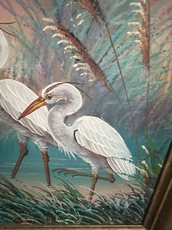Alan A Maley Original Oil Painting Signed White Egrets Gold Frame 11 x 13 gallery