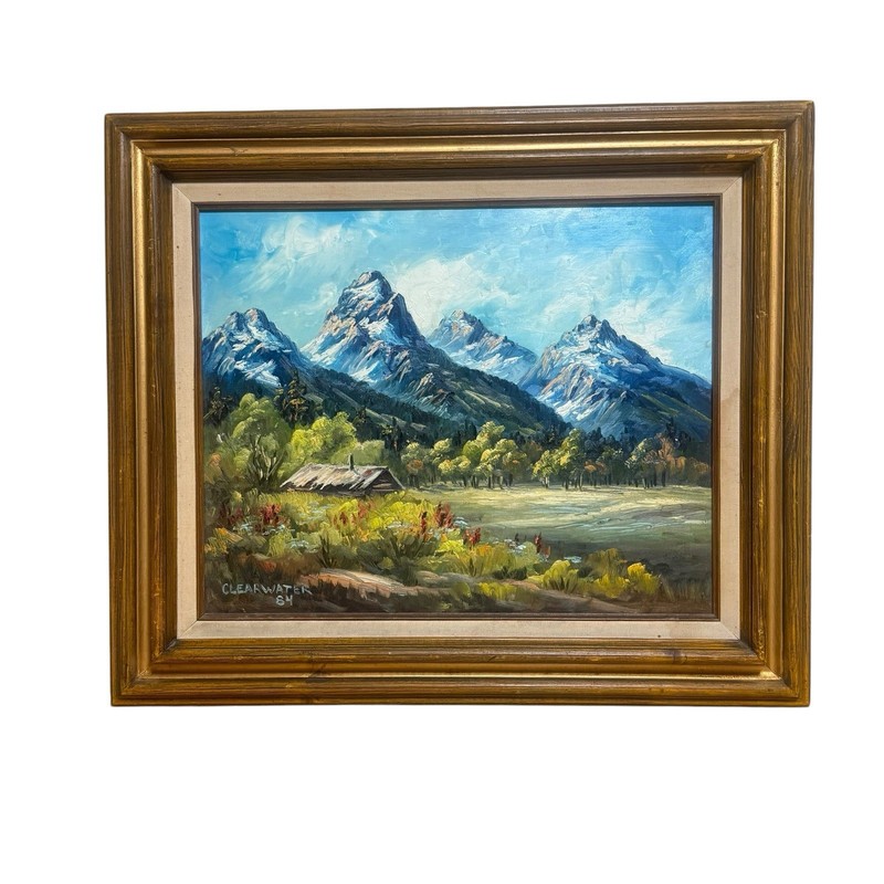 Vintage Original Oil Painting Signed Clearwater 1984 Grand Teton Mountain Framed
