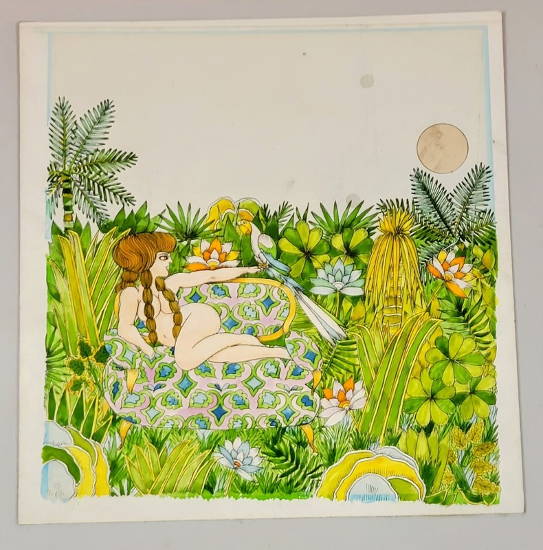 Vintage Painting of Eve in the Garden of Eden Lounging on Pink Sofa c1960s