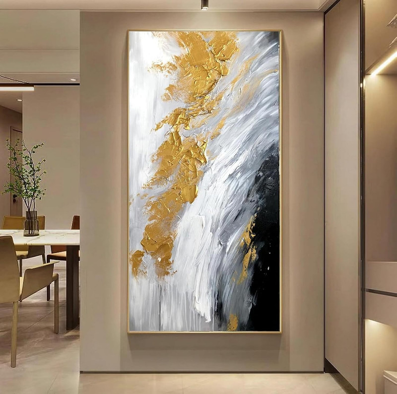 Hand-Painted Black and White Abstract Oil Painting on Canvas for Entrance-Hall,