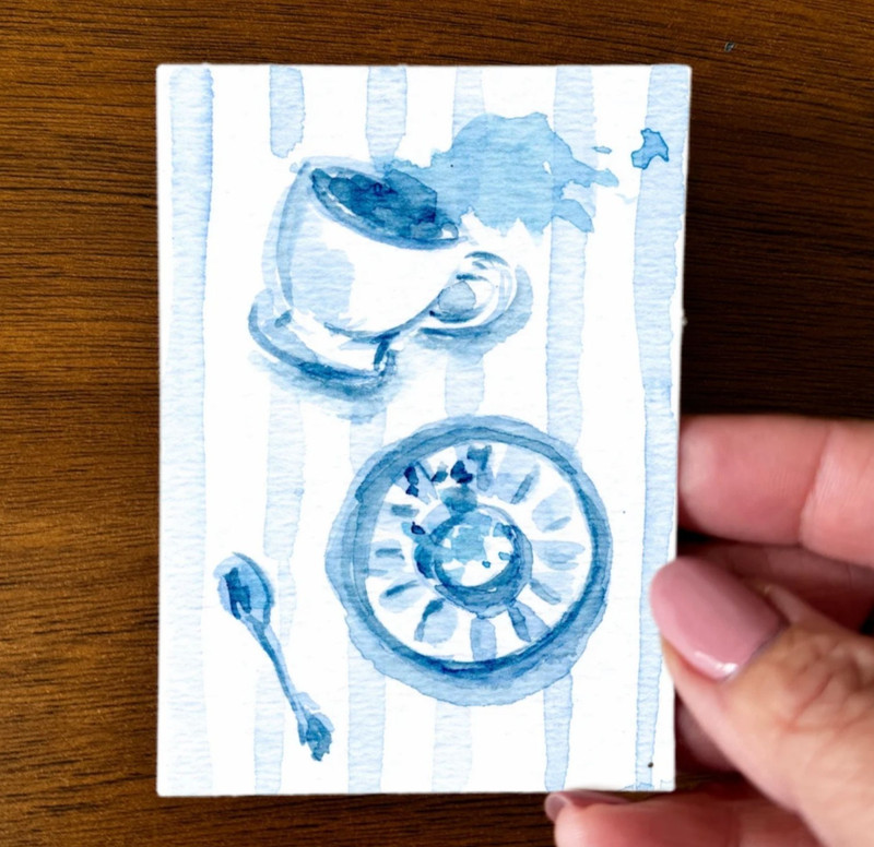 ACEO PRINT Blue & White Teacup Watercolor Art Archival Signed Tanya Watson