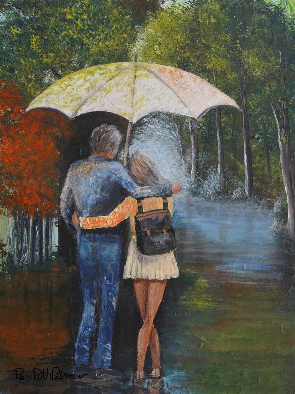 Oil painting «WALK IN THE RAIN» hand painted on canvas 12X9″ mixed media