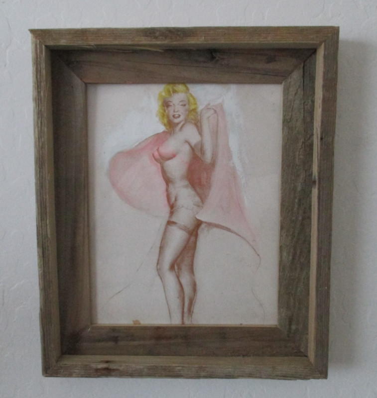 Marilyn Monroe Framed Color Pencil Nude Portrait Barn Wood Frame 13×11 VTG AZB