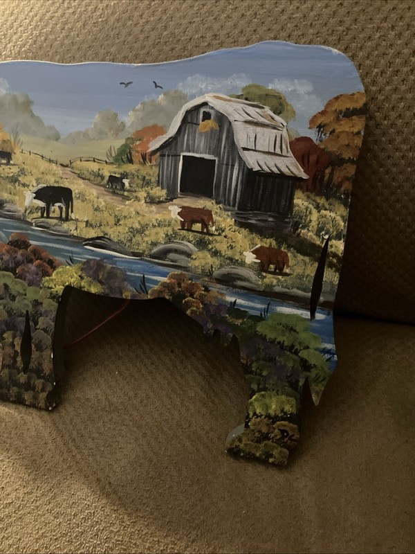 OOAK HANDMADE HAND PAINTED SIGNED COWS IN FIELD NEAR STREAM LEATHER HANGER gallery