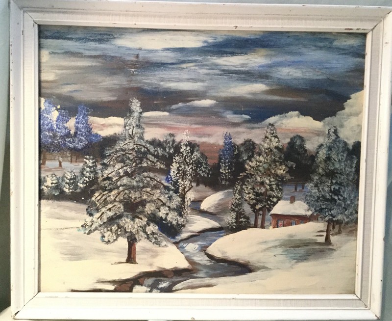 Winter Cottage With Creek Oil On Wood Painting By Victor 17 1/16x14 1/32 Framed gallery