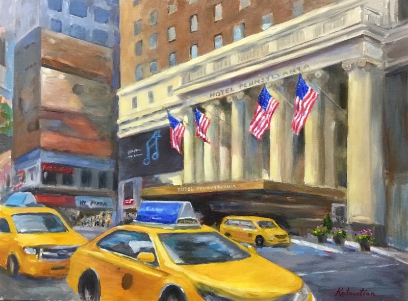 New York City Flags Taxis Landscape Realism Original Oil Painting Kaloustian Art