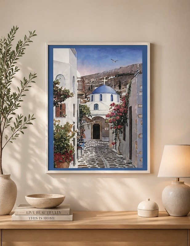 Gorgeous Watercolor Art Painting Of the Church Framed 16 X 20,5”
