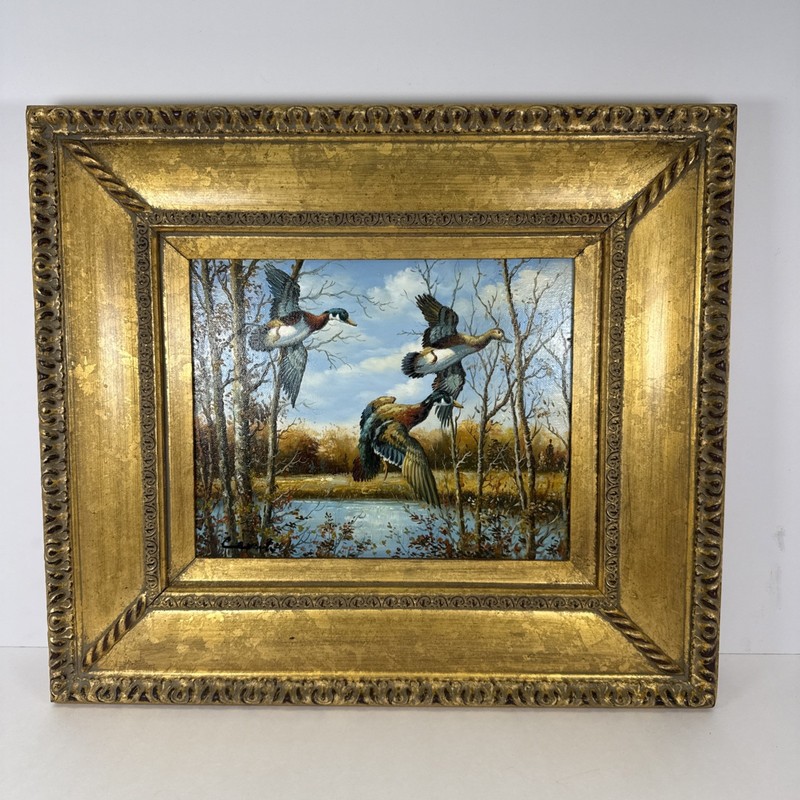 Migrating Ducks Original Painting On Canvas w/ Gold Frame – Art 7” x 9.5”