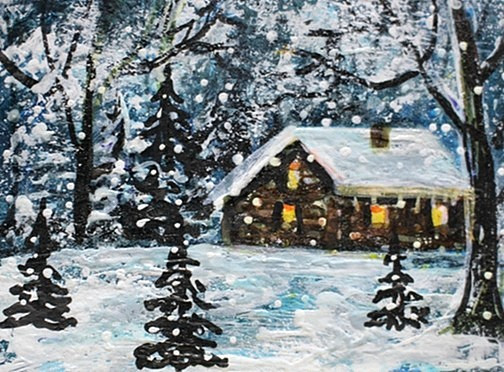 ACEO Original Winter CABIN Pine Tree PAINTING Snow Holiday Nature Landscape ART