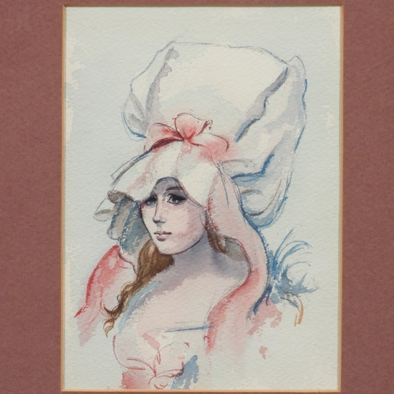 American School Lady With Fashionable Bonnet Portrait Watercolor Painting