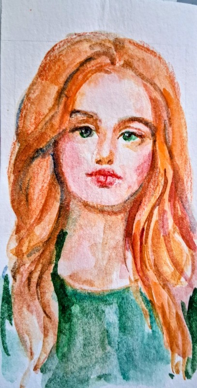 Girl portrait Woman Art,female Red Head,original watercolor painting Signed 3x6" gallery