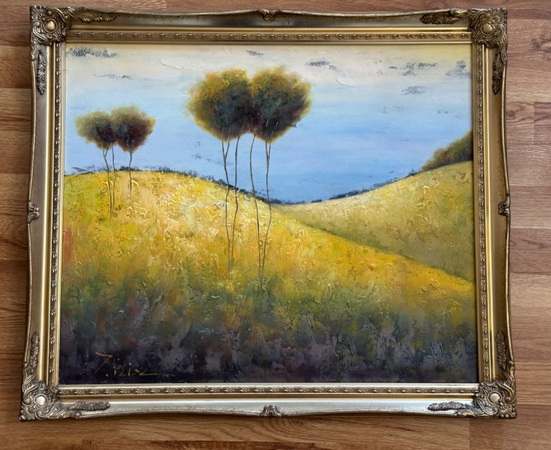 YELLOW FIELD WITH TREES  OIL ON CANVAS FRAMED 23" X 27"