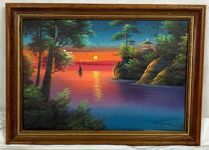 Framed South Asian Coastal Sunset Scene 21" x 15 1/2" with frame