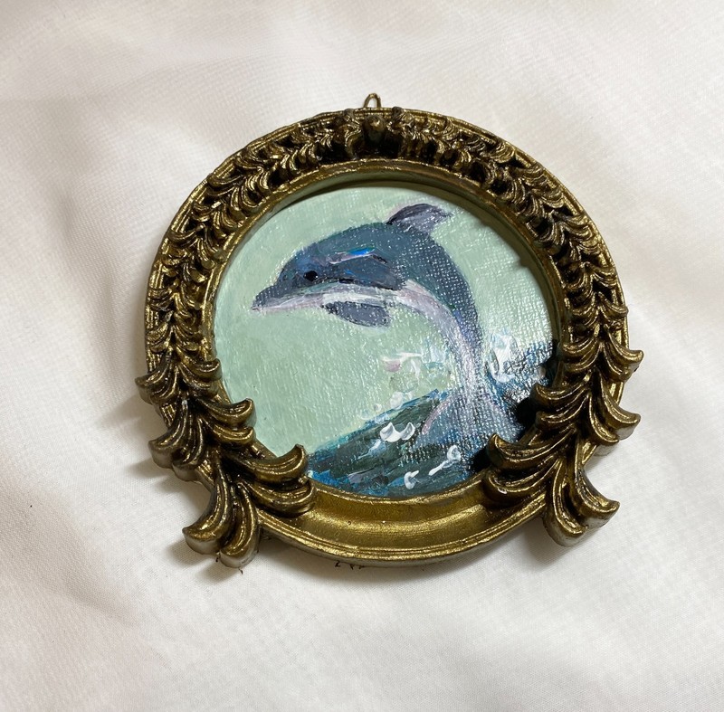 Dolphin Miniature Vintage Seascape Original Oil Painting Fish Art Ornate Framed