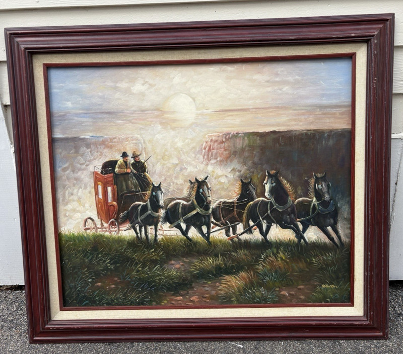 Vtg Stagecoach & Horses Oil Painting Signed Walter Framed & Matted 25×29 Western