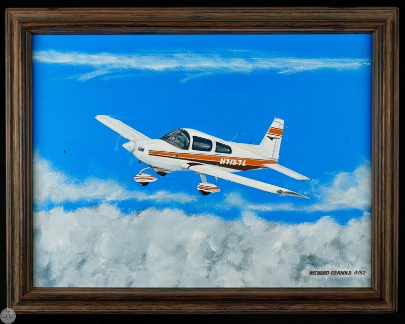 Vintage Framed Original Aviation Acrylic on Canvas «Flight Above the Clouds»