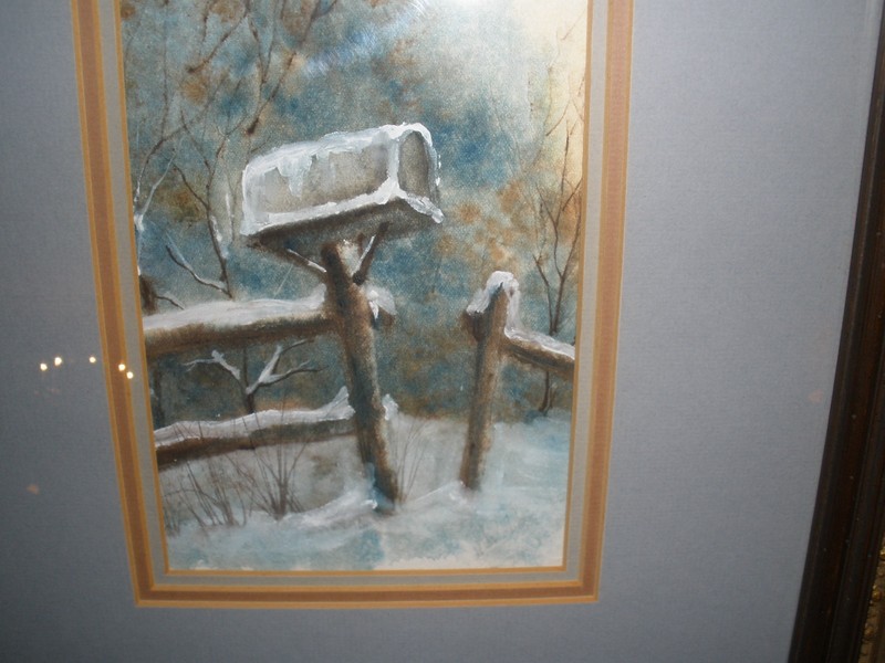 «Postman Cometh»; watercolor mailbox/snow scene signed Webb; Nicely framed–wow