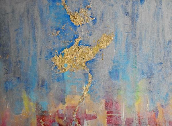 FUN COLORFUL ORIGINAL ABSTRACT OIL PAINTING WITH VERTICAL GOLD LEAF FLAKES VEIN gallery