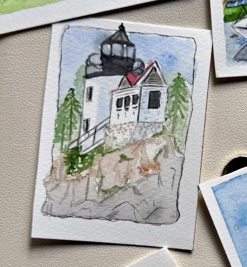 ACEO – Bass Harbor Head Lighthouse – Watercolor Original – Hand Drawn/Painted