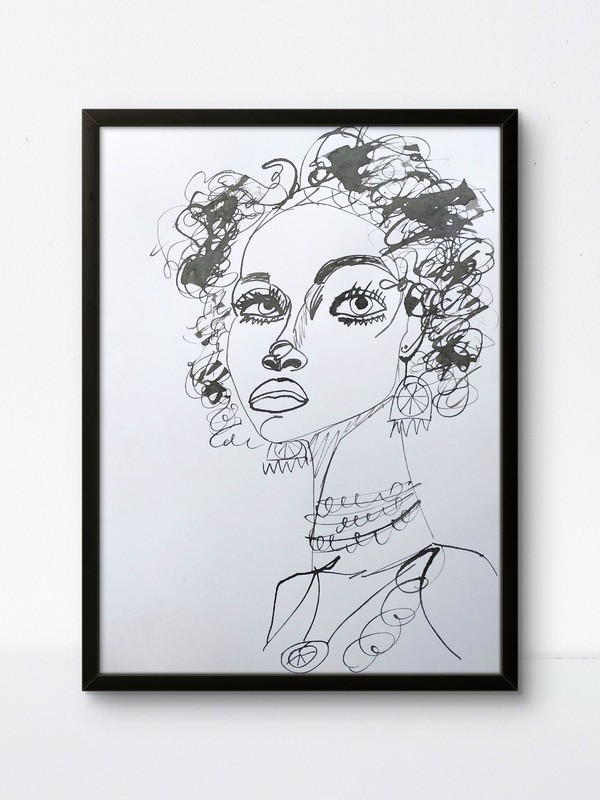 Original Art African Woman Ink Portrait 12×16 Minimalist Afrocentric Wall Decor