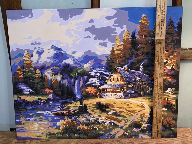 Vtg Paint By Number CABiN in the Woods near Water 20"x 16" UNFRAMED Painting #1 gallery