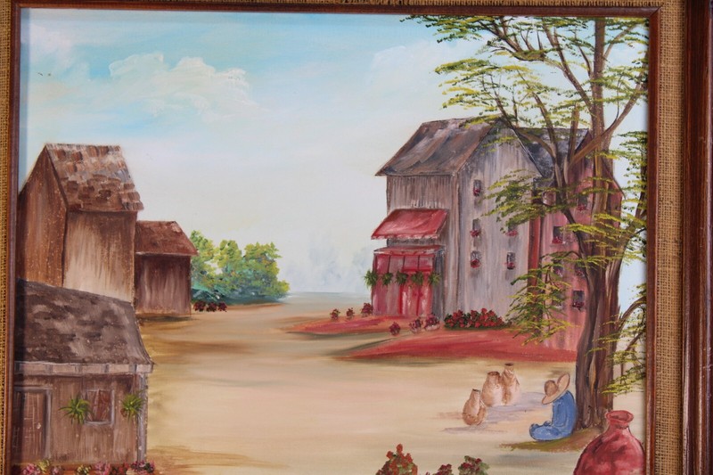 Vintage Mexican Style Old Town Landscape Oil Painting Signed Amelia Junger gallery