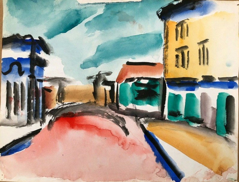 Fauvist Street 8 1/2 x 11" W/C Painting-1960s-Israel L. Winarsky gallery