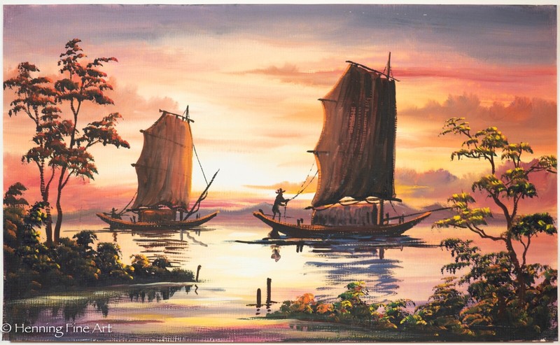 Beautiful Vintage Mid Century South East Asian Junk Boat Landscape Painting 1