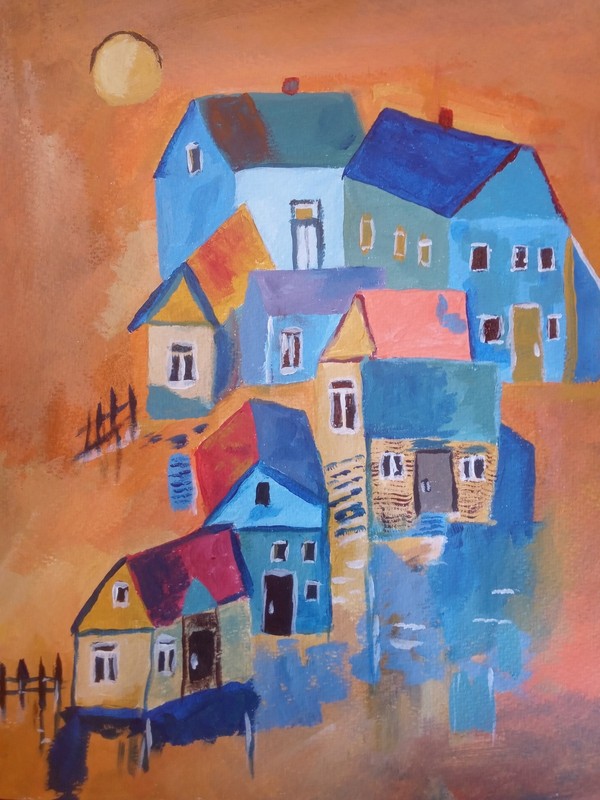 IMPRESSIONISM 11 x 14 Orange Neighbors Handmade Signed Colorful ART Painting