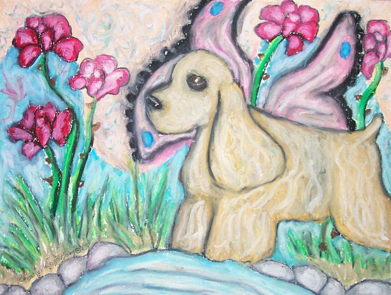 Cocker Spaniel Faery Original Painting 9 x 12 Vintage Style Art Fairy Dog Roses