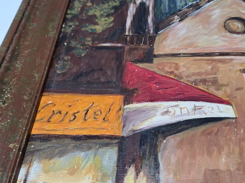 Original Painting On Board "European Cafe Scene" OOAK Signed Jerueken 26x14 gallery