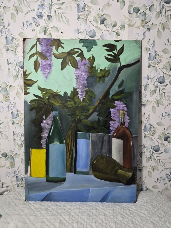 Vintage 28 X 40 Wine Bottle Wisteria Floral Oil Still Life Painting On Masonite