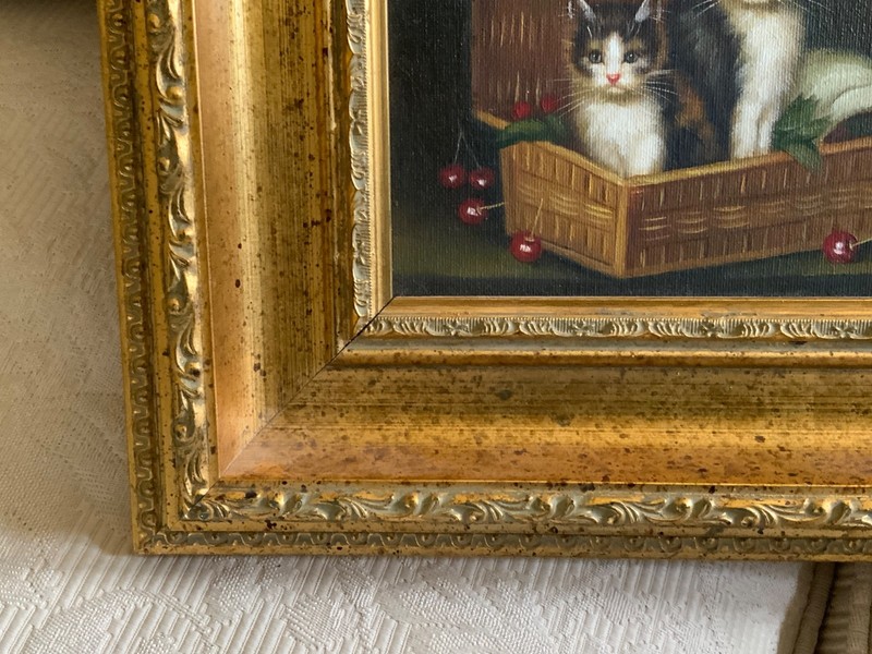 Vintage Oil Painting Two Kittens In A Basket Ornate Gold Frame 12.5” X 10.5 gallery