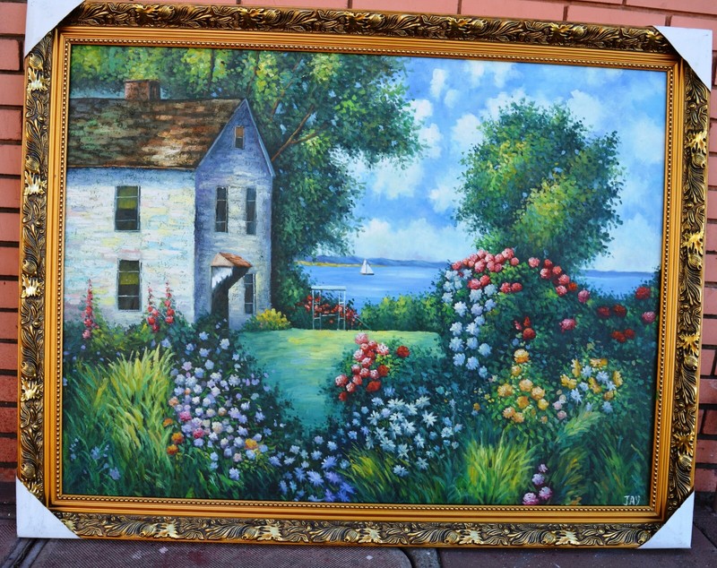 GARDEN VILLA HOUSE WATER SIDE 36X48″ HAND PAINTED OIL PAINTING DECO ART S286