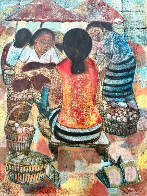 SUKRID THAREENAK Modernist Thai Gouache Painting SIGNED Market Scene Ca. 1960s