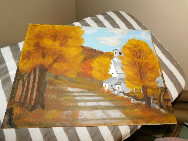 1968 Country Church Original Oil Painting Fall Signed on Reverse Vintage gallery