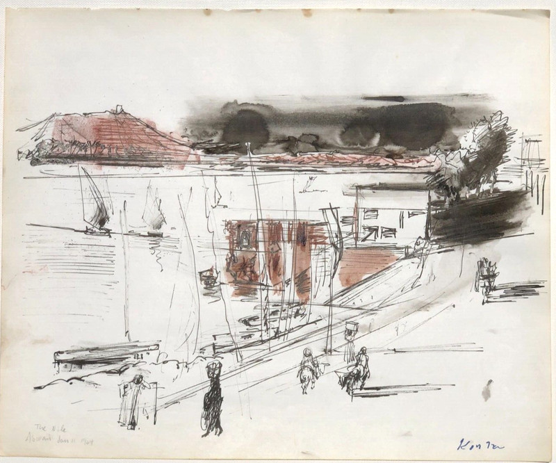 The Nile Aswan- 13 1/2 x 16 1/2 -Watercolor & Ink Painting-1964-Adolf Konrad gallery