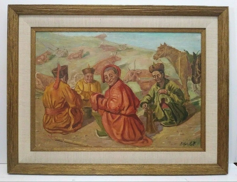 LISTED BORIS VASSILOFF Sd ORIG O/B MONGOLIAN HERDSMEN FIGURES in LANDSCAPE