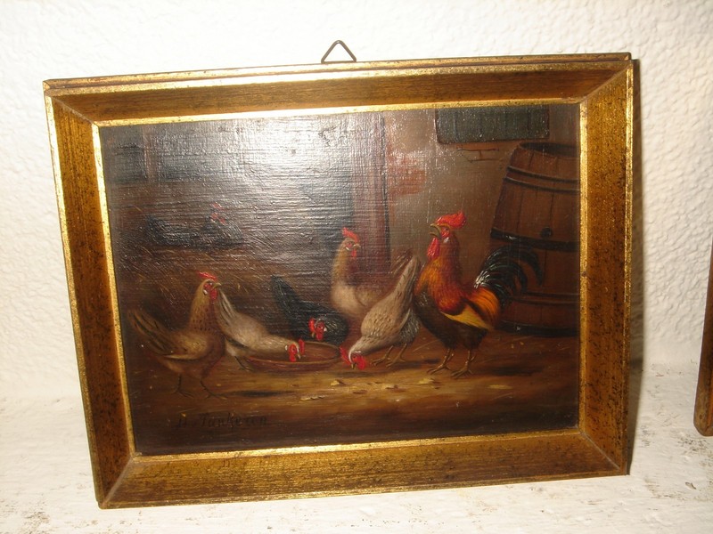 Antique oil painting, 1. { H. van Tankeren (1900 - 1980), Rooster with chickens. gallery