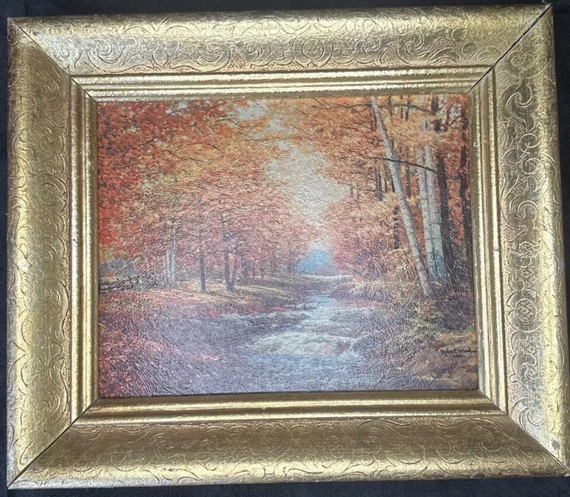 Vibrant & Beautiful Robert Wood 1959 Lithograph Board Autumn Leaves Gold Frame