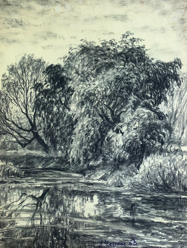 Pencil Painting Forest lake Cherkas Original Unframe Wall Hanging Decor n1294