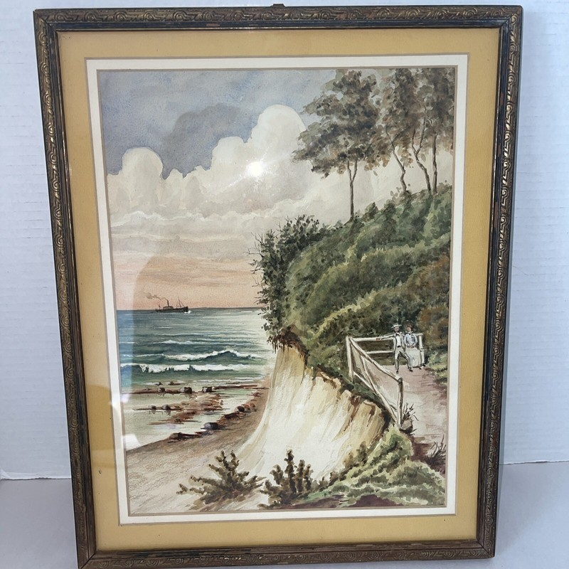 Watercolor Seascape Painting Ocean Cliff Landscape Vintage 15×12 Gold Gilt Frame