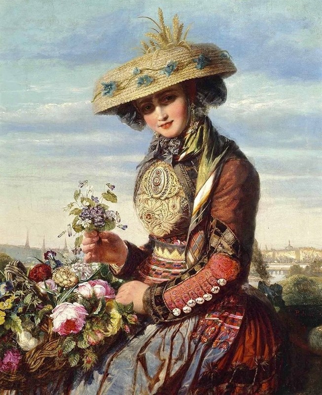 Oil painting A-flower-girl-from-Lyon-Paul-De-Longpre-female in landscape canvas