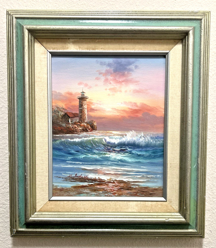 Original Signed M. Andrea Realism Sunset Seascape Lighthouse Oil Painting 15×13″