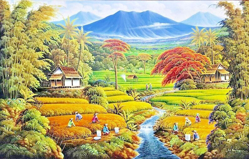 A Magnificent Oil Painting of a Green Landscape and Village Life
