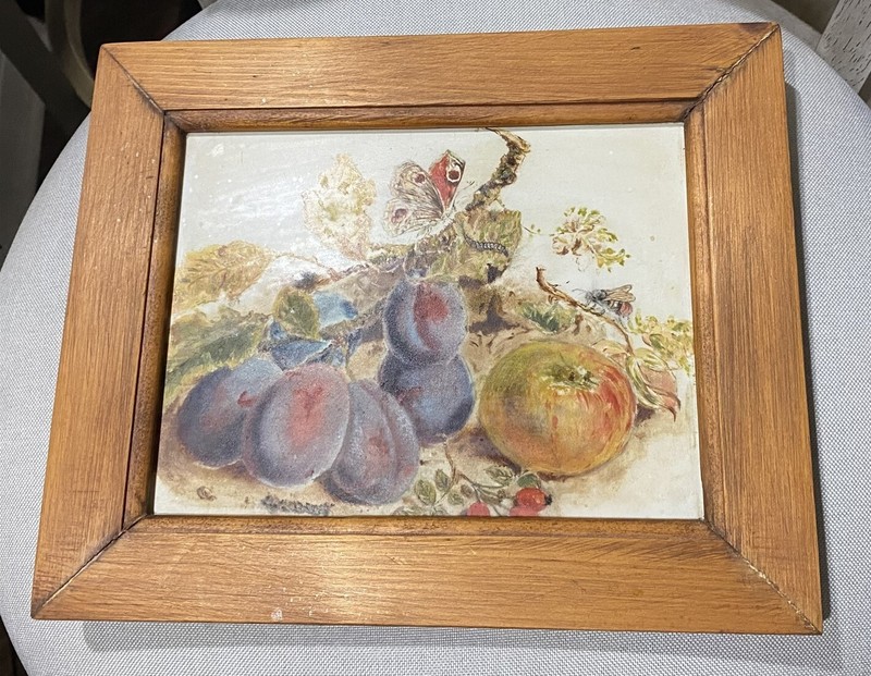Vintage Glass Painted Fruit Still Life Framed 9 x 11 Butterfly bee