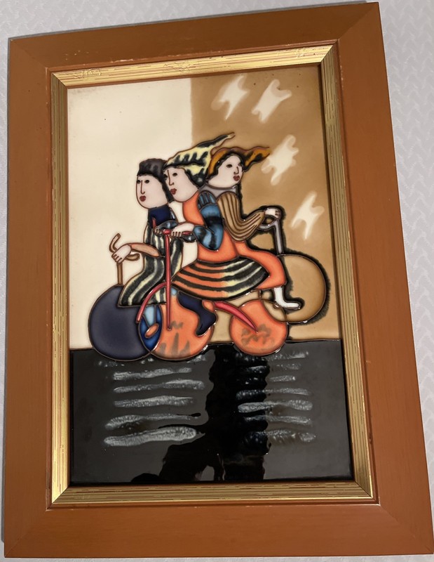 G Rodo Boulanger Raised Line Whimsical People on Bikes Framed Ceramic Tile Art-2